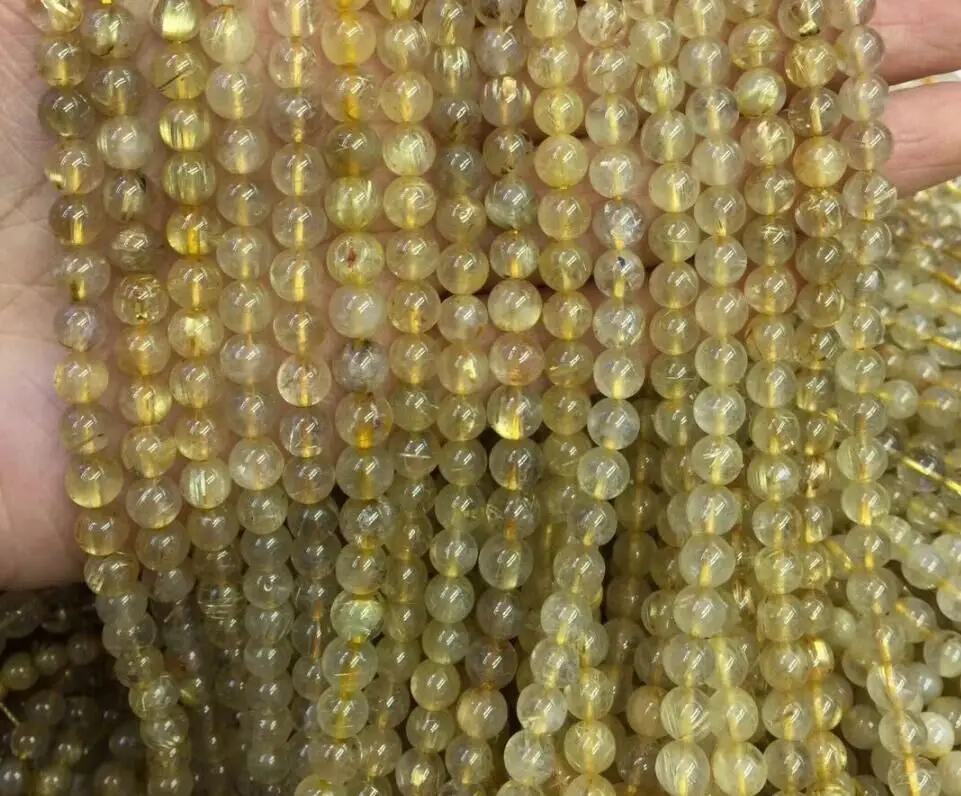 Wholesale High quality Natural Loose Gemstone 4-12mm Size Gold Rutilated Stone Beads for bracelet jewelry making