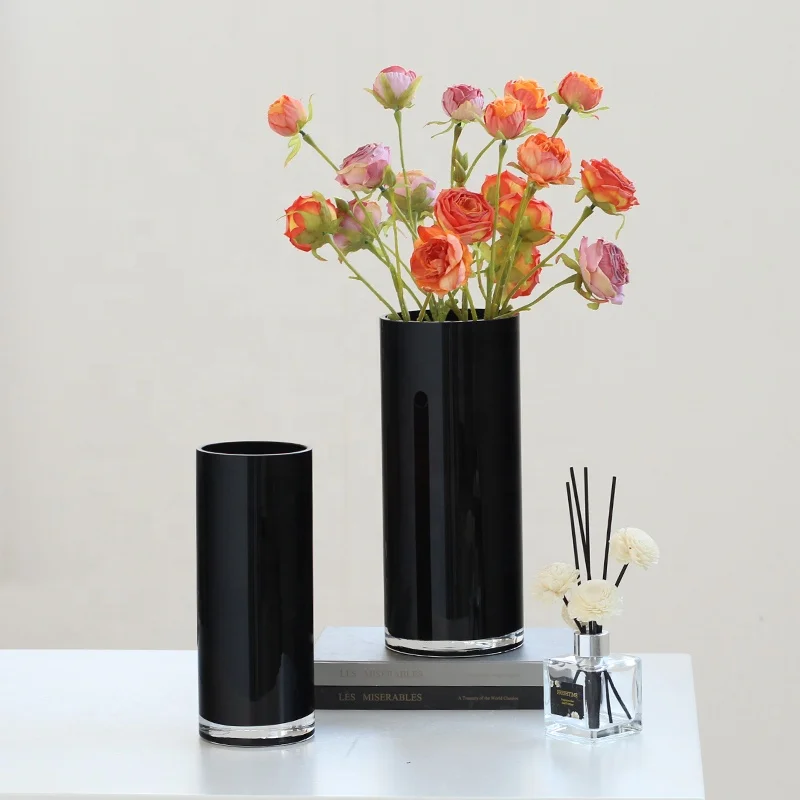 Bixuan Handblown Glass Vase Home Decor Table Centerpieces Modern Wedding Flower Arrangement Cylinder Black Color Glass Vases