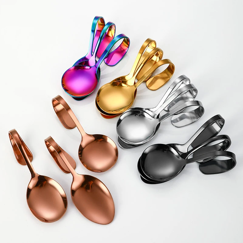 Stainless steel round spoon with curved handle buffet serving spoon
