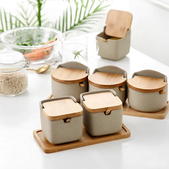 Vietnam Kitchen Food Seasoning Pot Japanese Style Storage Bottles Jar Sets With Seal Wood Bamboo Lid
