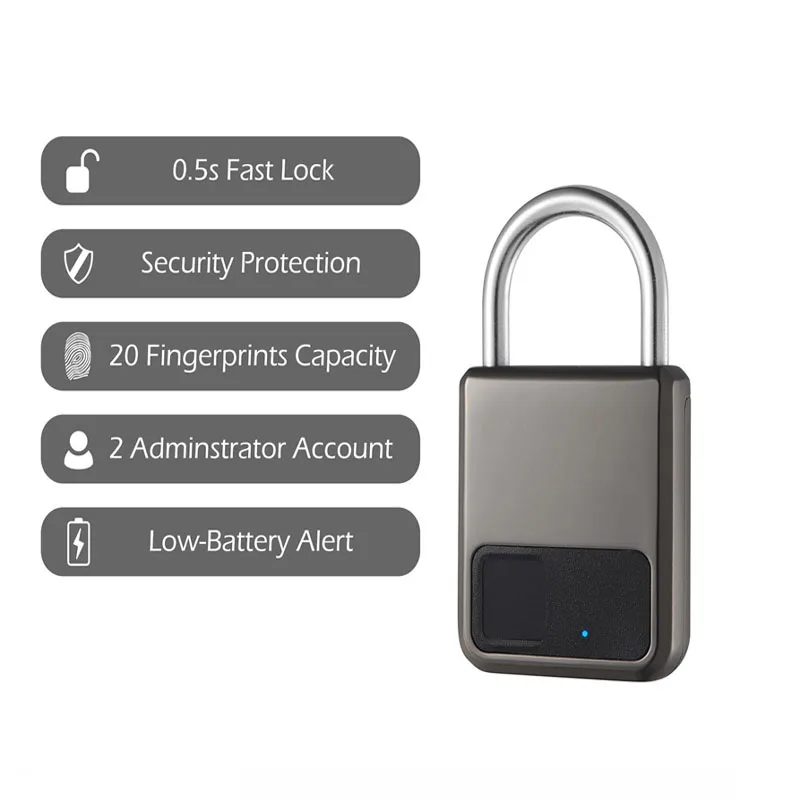 Smart Fingerprint Identification Padlock Lock 20 Groups Fingerprint Storage Electric Anti-thief Luggage Padlock Lock USB Charger