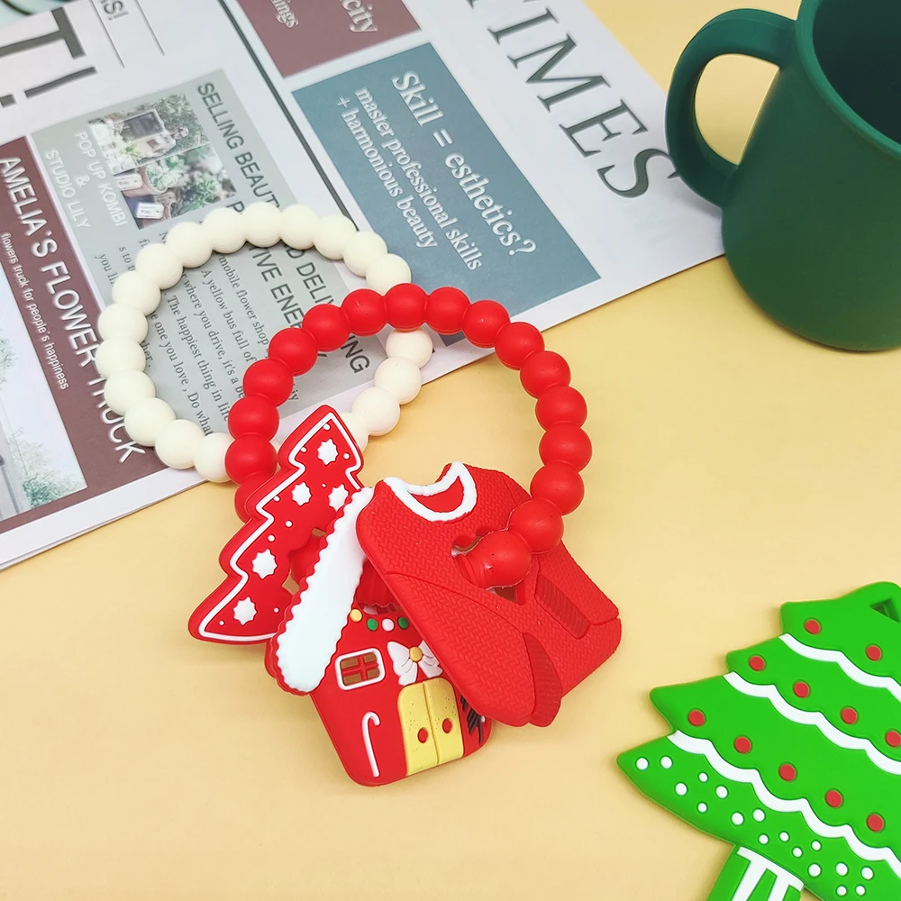 Factory Customized Christmas Tree Santa Socks Hat Snowman Sweater Silicone Teether Ring Space Silicone Baby Teether Gift Set