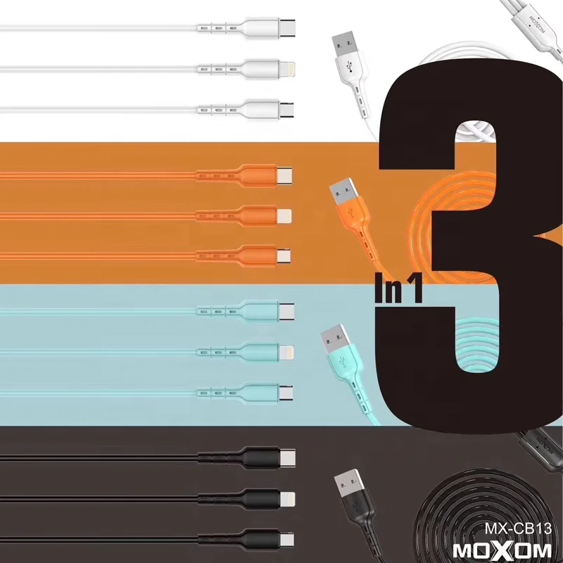 1m Long 2.4A Fast USB 3 in 1 Charging Cable MOXOM Data Line 24A Cable