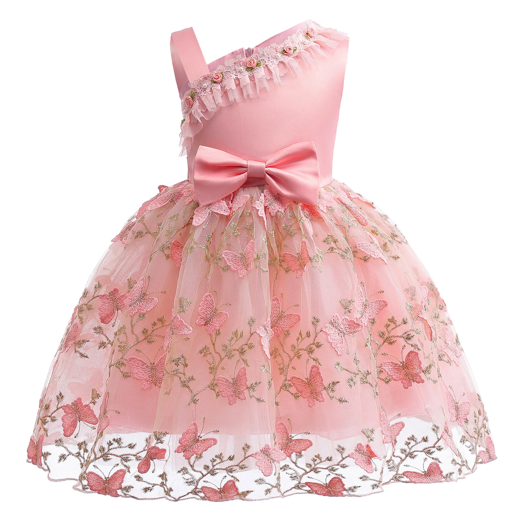 Elegant One-Shoulder Butterfly Embroidered Princess Dress for Girls Perfect for Weddings & Special Occasions