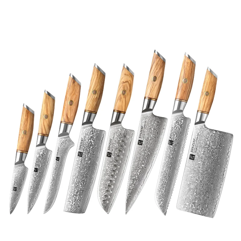 XINZUO New Hot Sale 8 pcs Damascus Powder Steel 73 Layers Professional Olive Wood Handle Japanese Restaurant Kitchen Knife Set