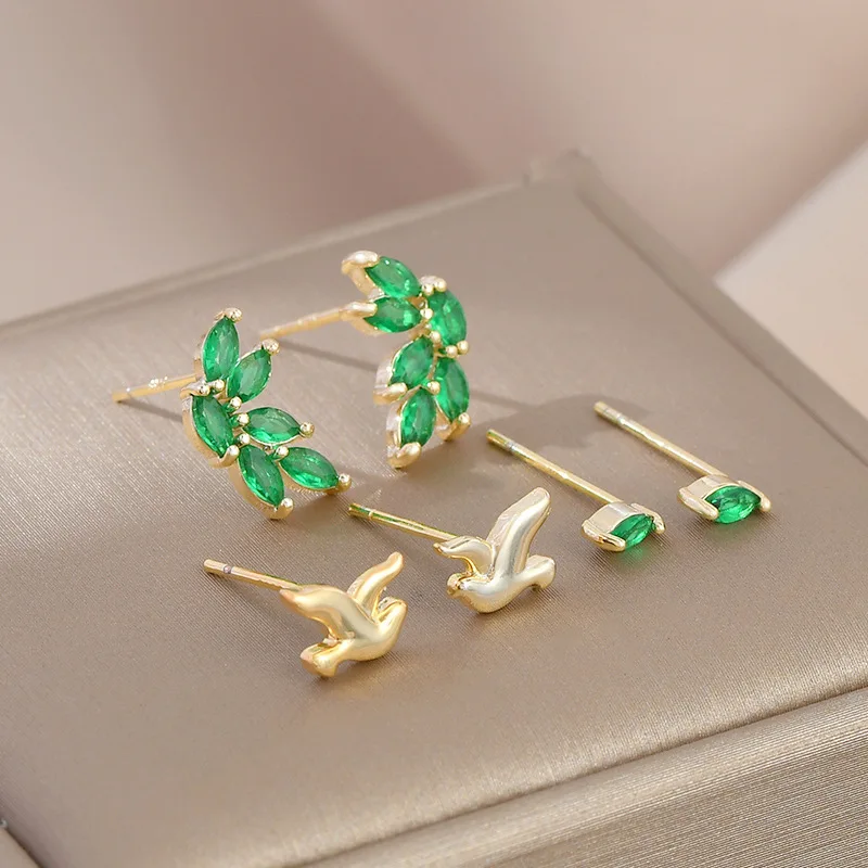 S925 Silver Needle three-piece set ear studs one card three pairs fashionable exquisite small all-match earrings for women
