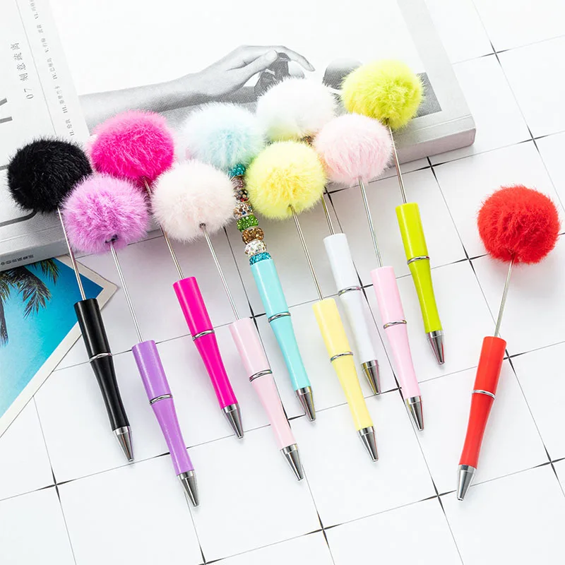 New Arrival Creative Diy Hairball Beaded Pen Cute Wind Fluffy Advertising Gift Pen Hairball Beaded Ballpoint Pen Wholesale