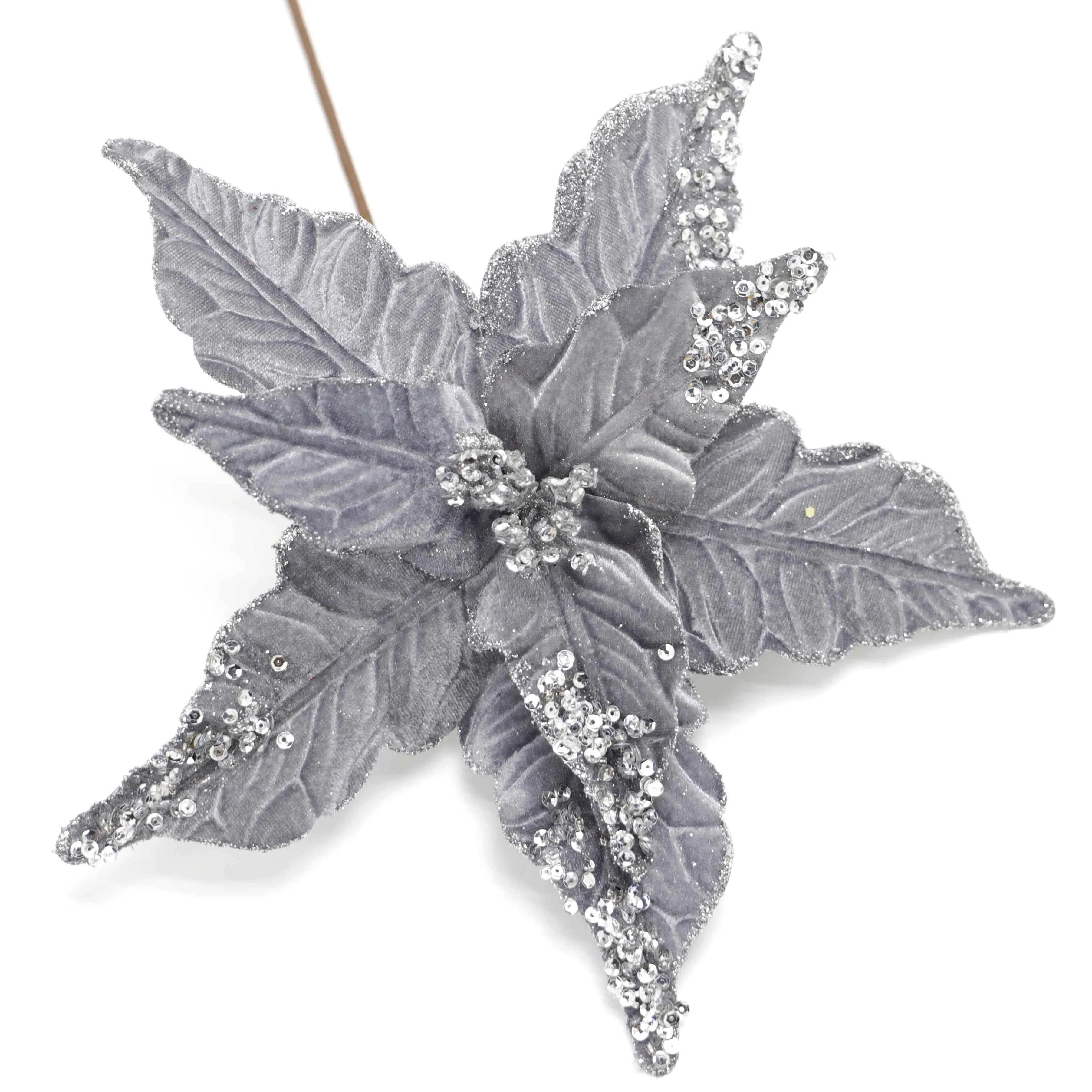 Winter Decorative Flower Christmas Door Ornaments Widely Used Artificial Floral Glitter Sequin Silver Fabric Poinsettia