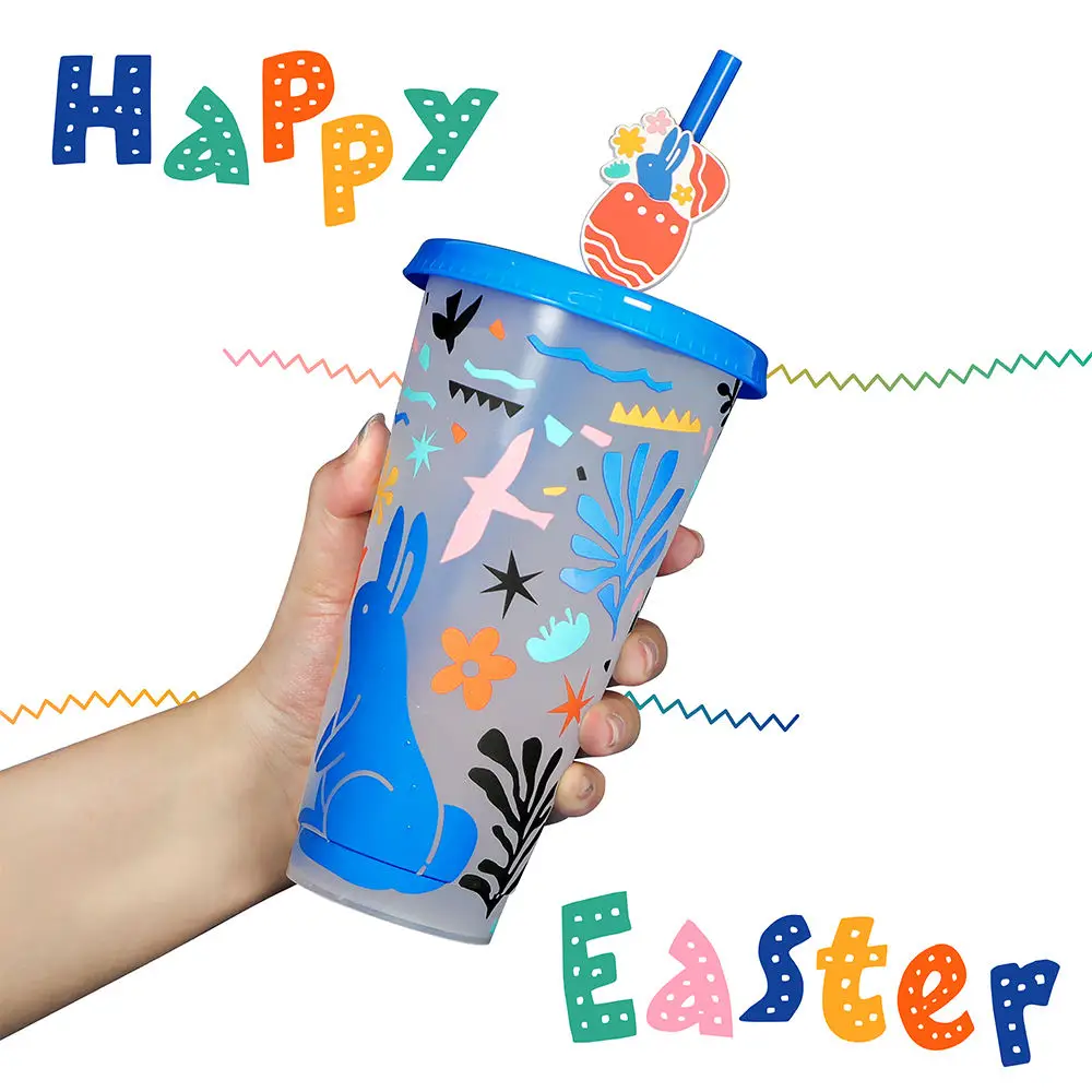 New Kid Pp Drink Reusable Colour Plastic Tumbler Cold Color Changing Bunny Easter Gift Mug Cup