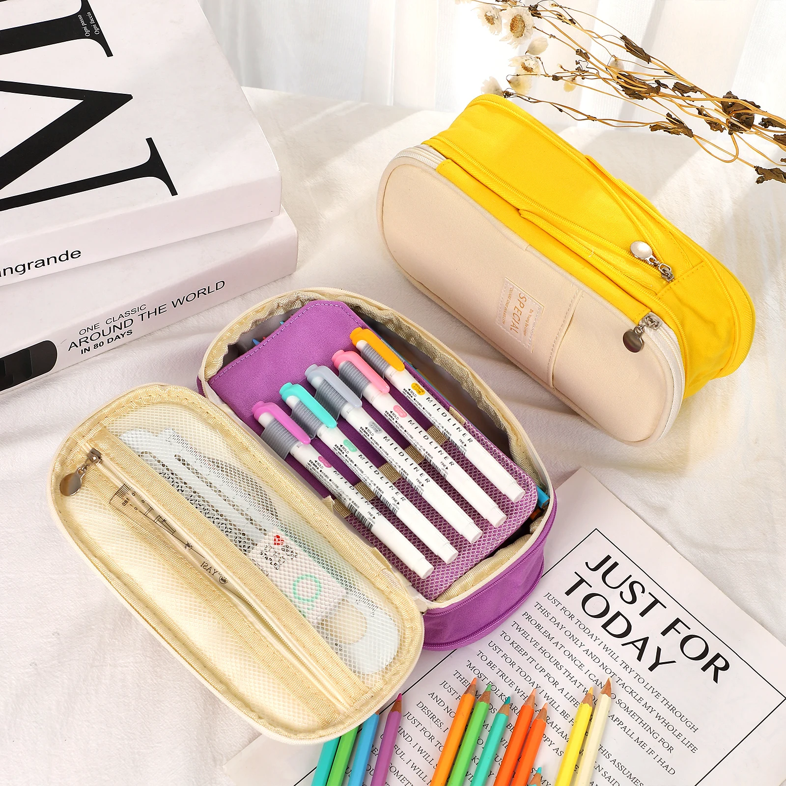 Multifunction Macaron Color Large Capacity Zipper Pencil Case Simple School Office Storage Canvas Pencil Bag Stationery Supplies