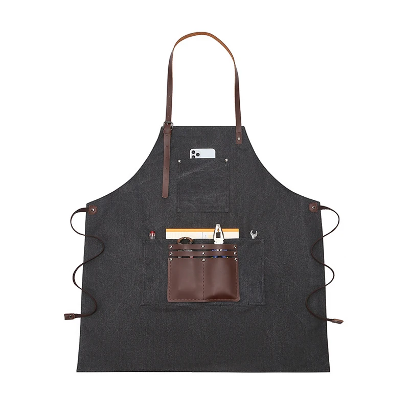 Customized logo wholesale gardener kitchen cafe vintage canvas sleeveless apron with multi-pocket tool apron