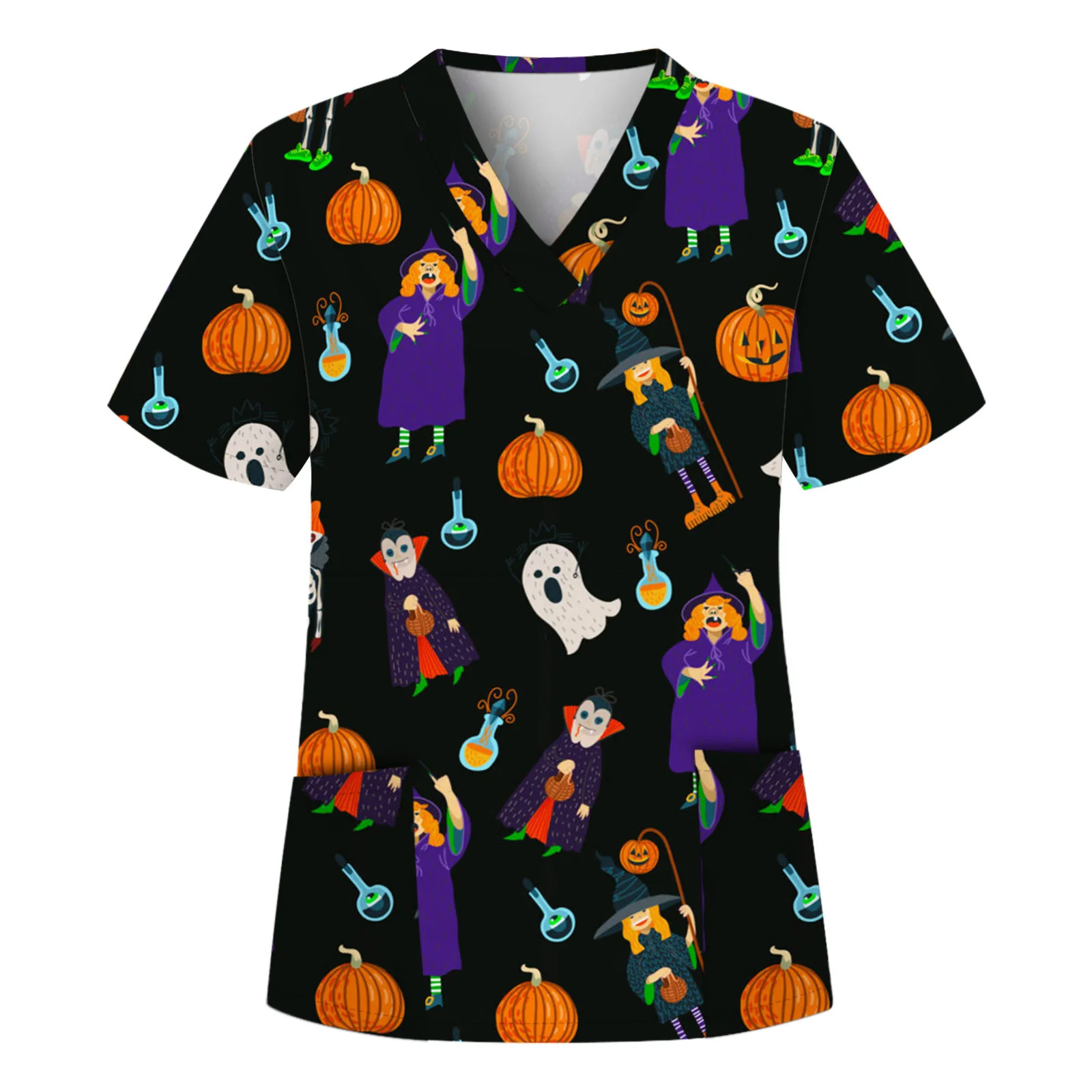 Cartoon Medical Uniforms Halloween Scrub Uniform Women Hospital Scrubs Top V Neck Nursing Shirt Short Dental Clinic Uniforms