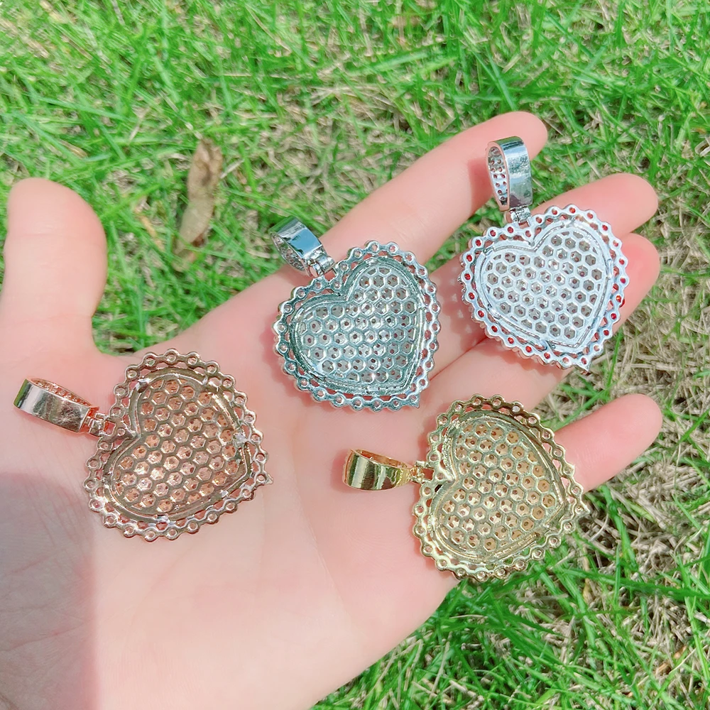 2023 new arrival jewellry18k gold pink heart shaped white gold iced tennis heart charm necklace pendants