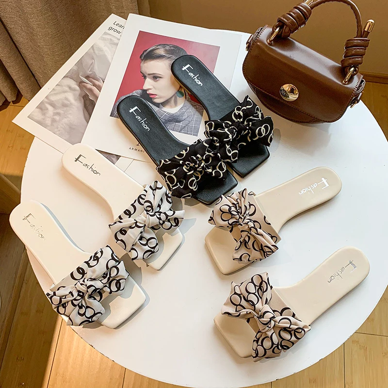 2021Elegant bow slippers fabric women sandals 007