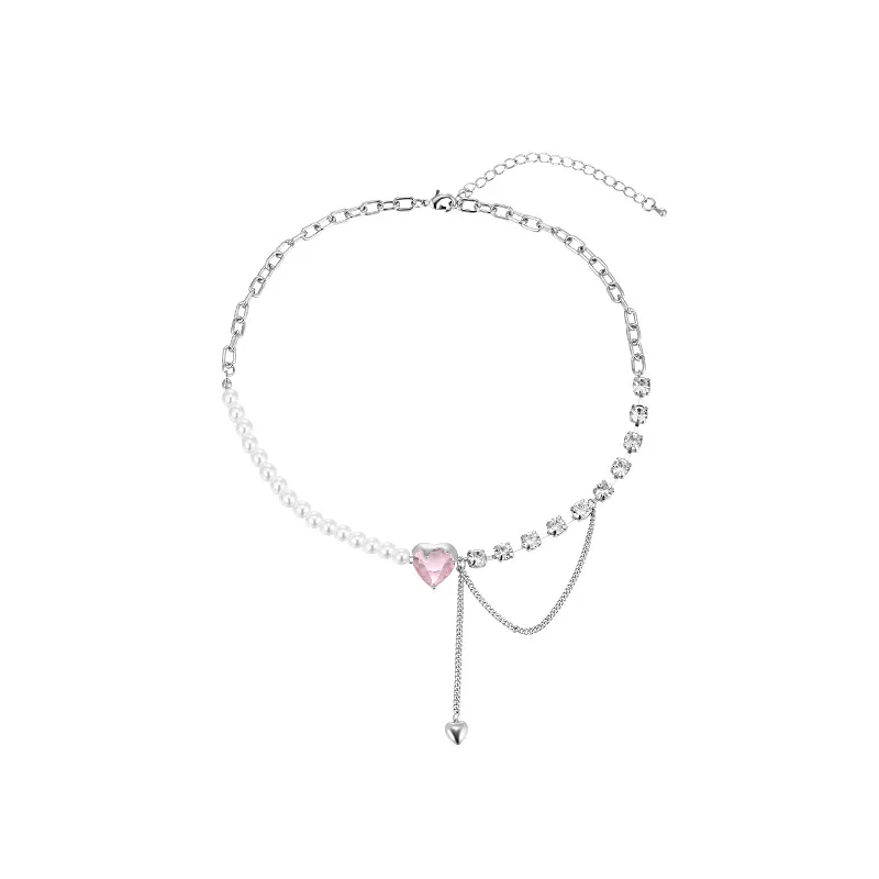 2022 Pink Love Heart Shape Stitching Pearl Necklace Clavicle Chain Pearl Crystal Choker Necklace For Women