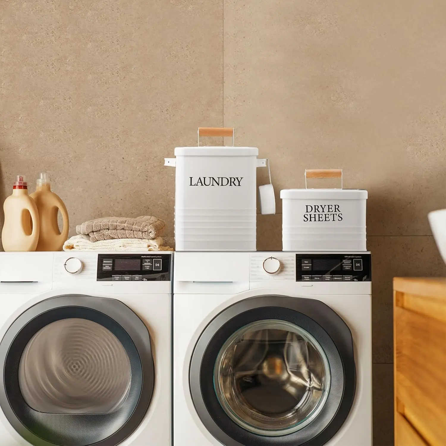 Metal Laundry Powder Container with Dryer Sheet Holder Modern Farmhouse Laundry Detergent Container