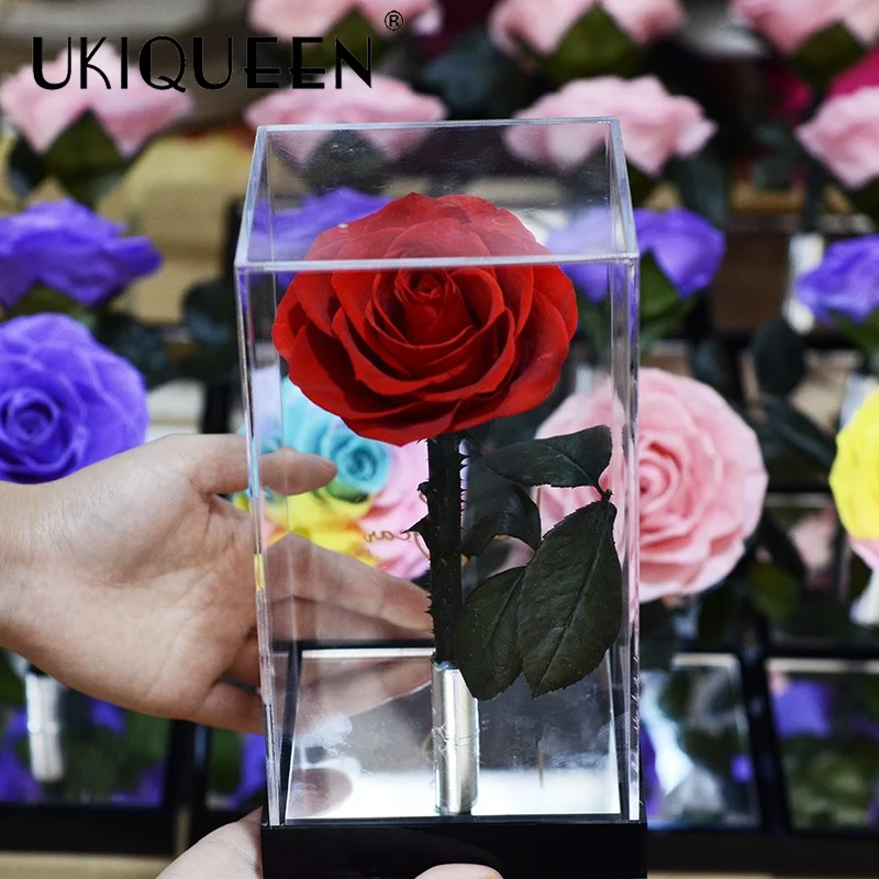 2023 New Idea Dried Real Natural Forever Immortal Flower Eternal Preserved Rose In Acrylic Mirror Flower Box