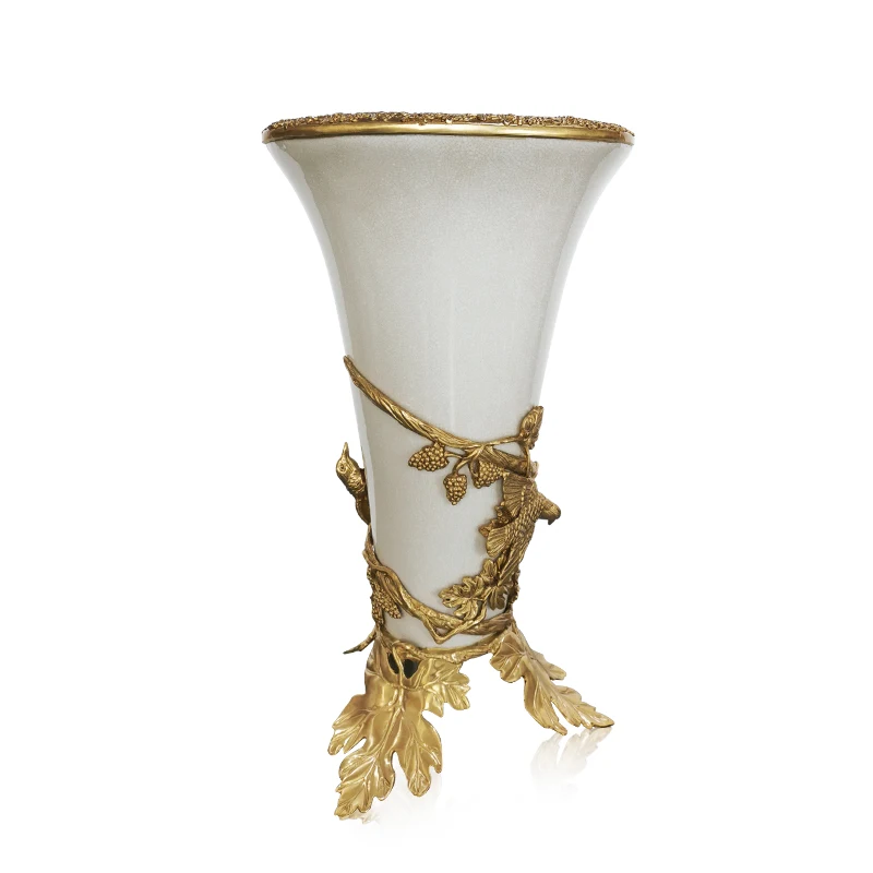 china home accessories decoration antique luxury  flower bird design vase jar with brass and ceramic chinese flower bottle