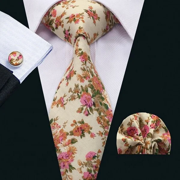 Hi-Tie, оптовая продажа, мужской комплект Gravata из хлопка с цветочным принтом бежевого и розового цветов