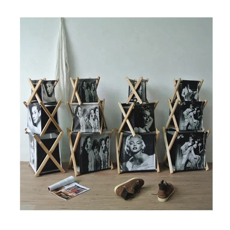Retro style super star novelty wooden folding canvas laundry basket