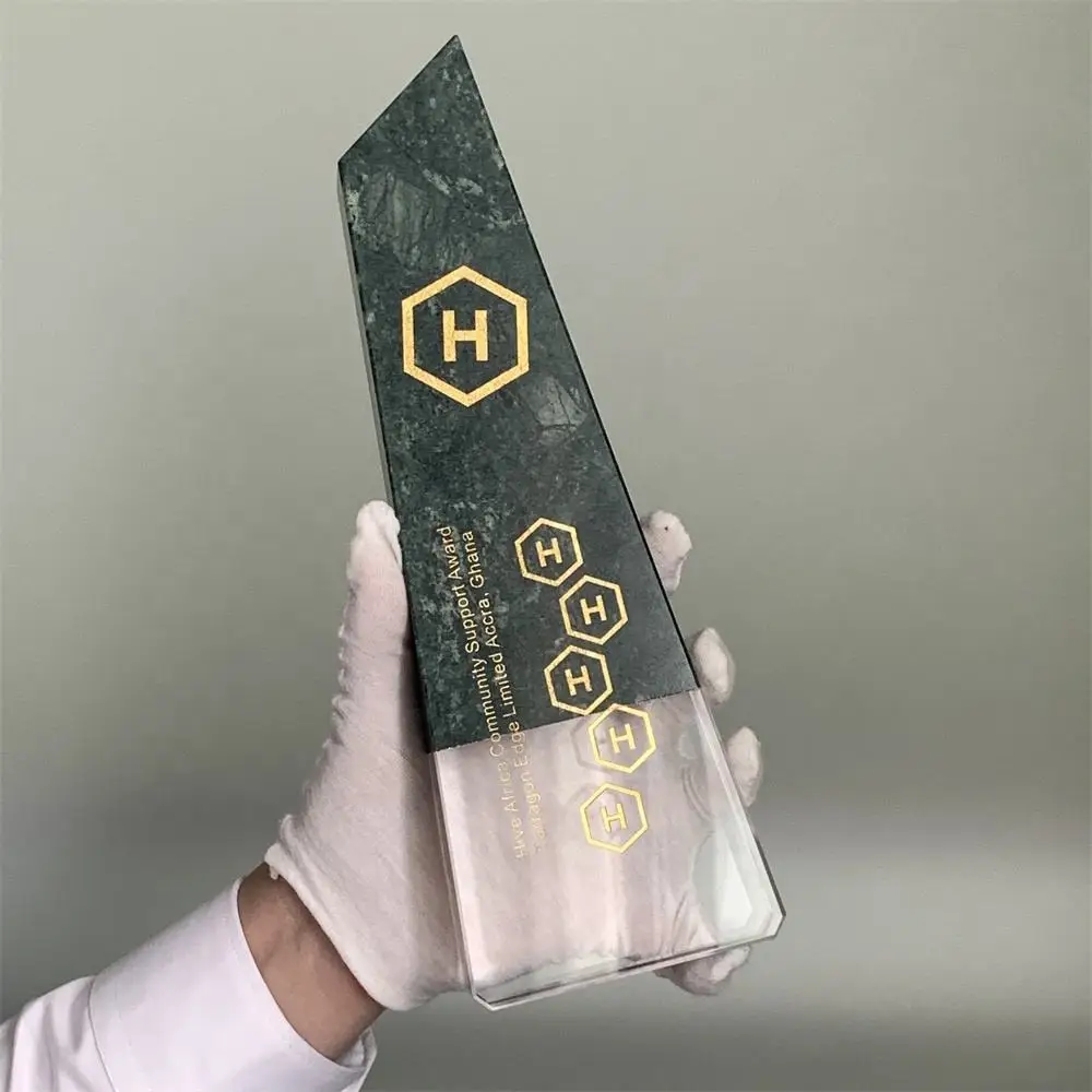 Adl Customized Logo Word Souvenir Gifts   Green Stone Base Crystal Glass Trophy