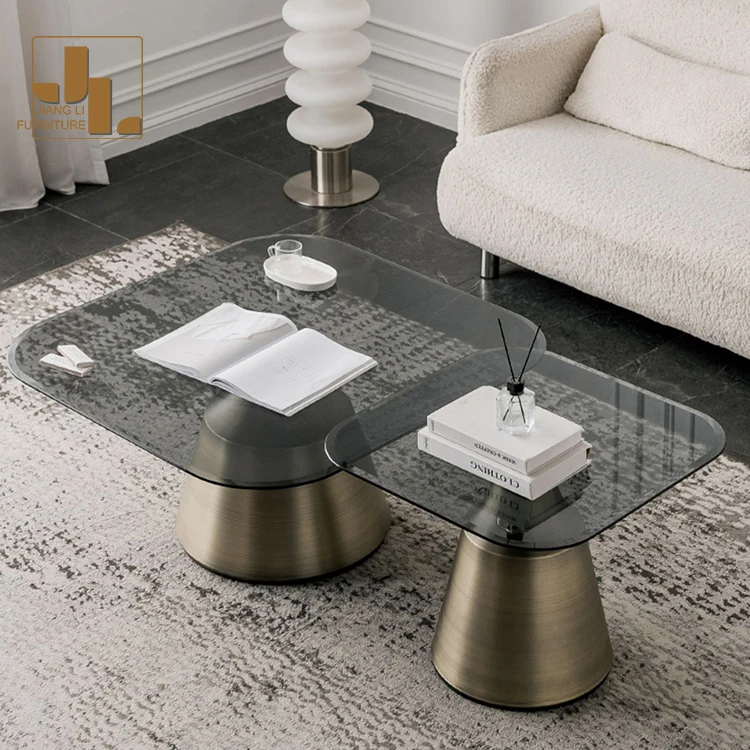 Nordic style hotel living room bronze coffee table furniture metal frame glass top coffee table set