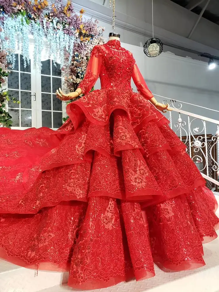 HTL886 Jancember real luxurious high neck long sleeves pleat red high quality luxury dress