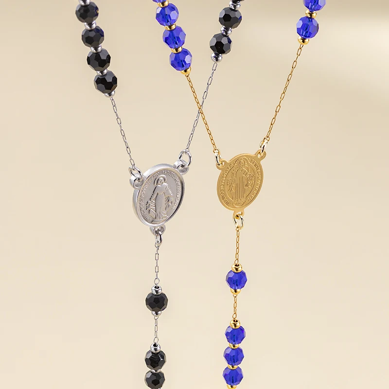 Stainless Steel Necklace with Blue Black Crystal Beads Chain Catholic Rosary Virgin Cross  Perfect Gift Christians Jewelry