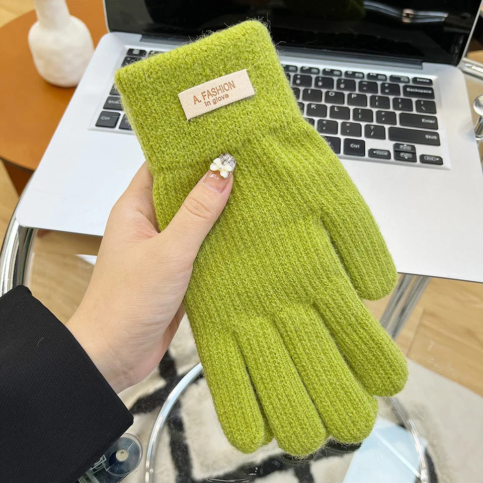Korean Knitted Woolen Women in Winter Gloves Thickened with Velvet Candy Color Cycling Touch Screen gloves
