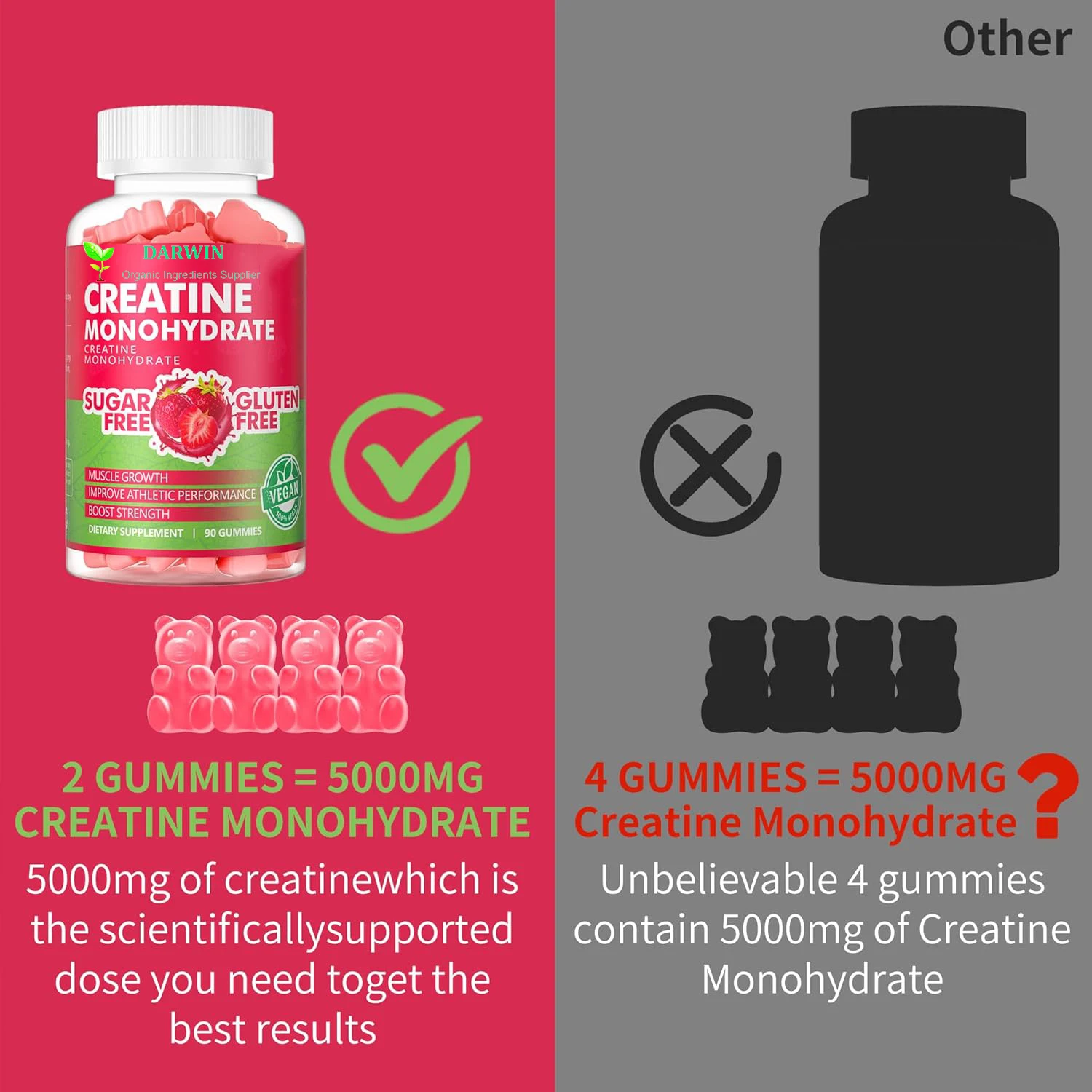 Darwin OEM Private label Creatine Monohydrate Gummies 5000mg Chewables Creatine Monohydrate Energy Boost