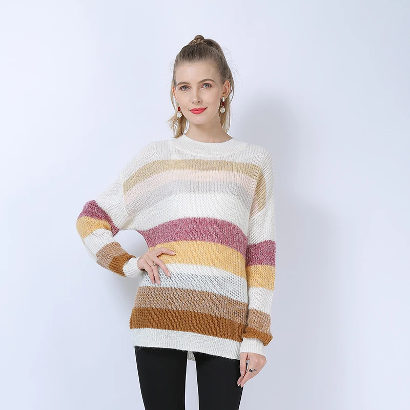 
Зимний женский Шерстяной Свитер оверсайз, теплый длинный пуловер, Радужный джемпер в стиле пэчворк, вязаный мохеровый свитер 