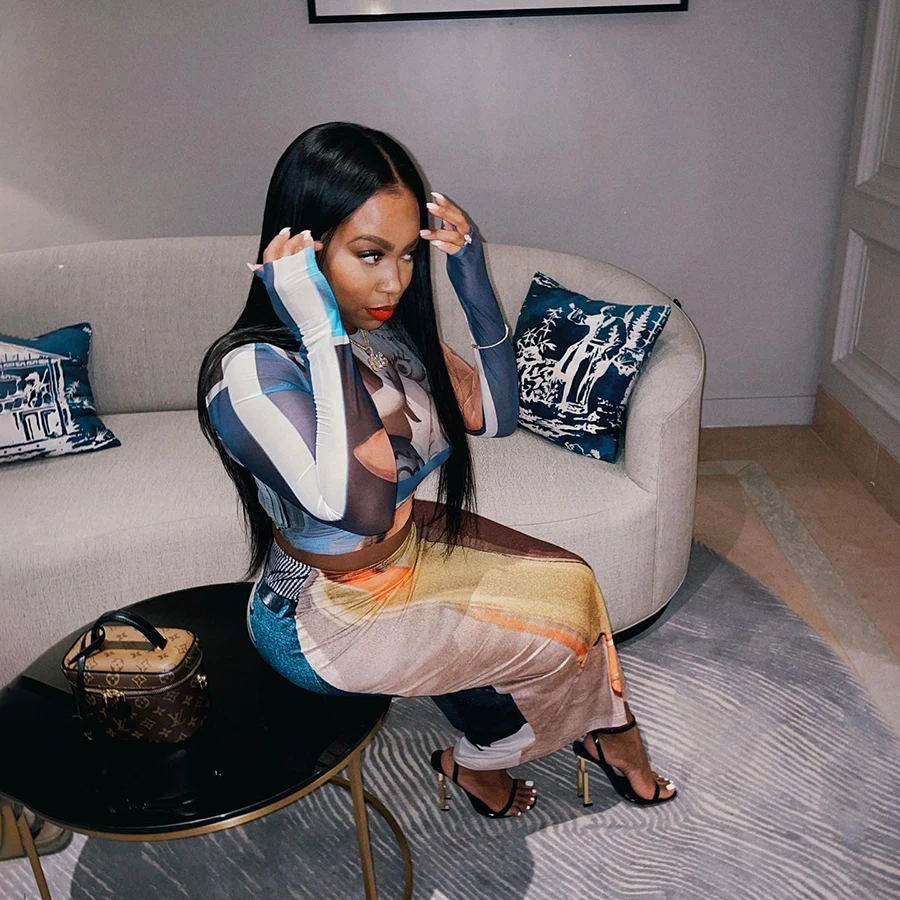 K22S21829 Printed Mesh Shirt Match Midi Skirt 2 Pieces Outfit Party Clubwear Women Two Piece set