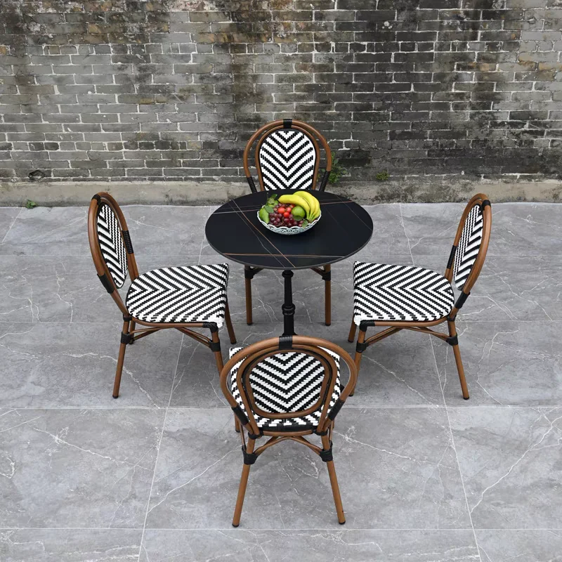 French bistro Outdoor furniture outdoor rattan chair wicker coffee restaurant garden Aluminium Dining table and chair set
