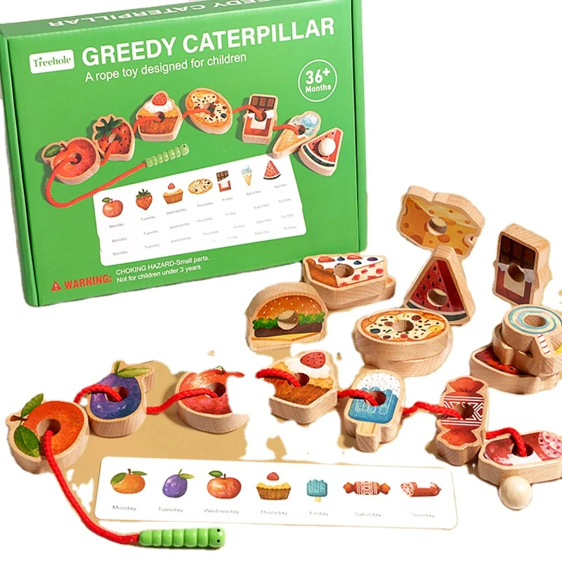 Montessori Baby Wood Caterpillar Wearing Rope Threading Game Educational English Food Puzzle Learning Toys For Boys Girls