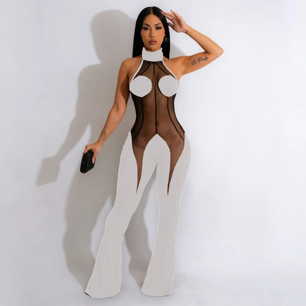 2023 Sexy club wear women jumpsuits fashion bandage see-through jumpsuit boycon one piece jumpsuits