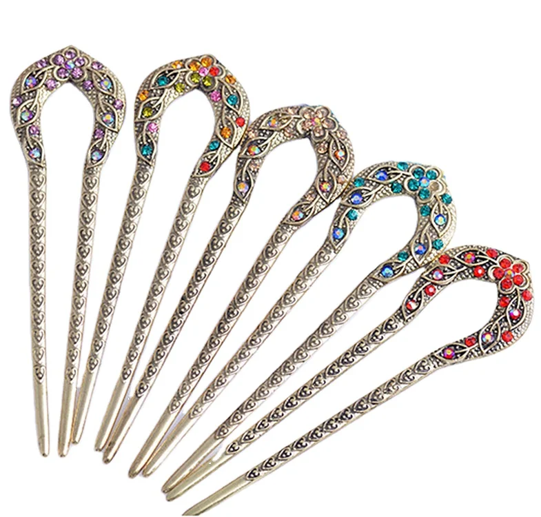 Vintage Hair Accessories Antique Bronze Plated Hairpins U shape Hair Stick Pin Women Rhinestone Flower Hair Jewelry