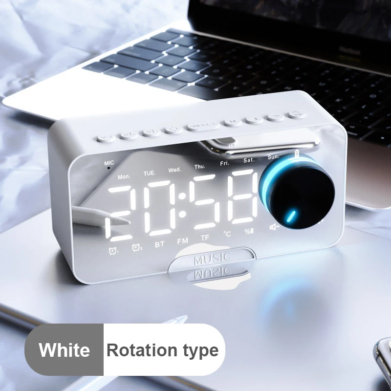 Mirror Rotation APP Volume Control Portable Speaker Horn Temperature Date LED Lamp Display Alarm Clock Wireless BT Speaker