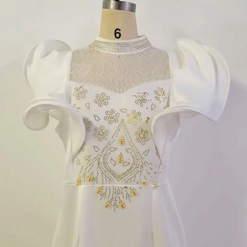 2022 Fashion Women Summer Midi Dresses Stand Collar Mesh Matching 3D Falbala Short Sleeve Hot Drilling Beading Party Dress