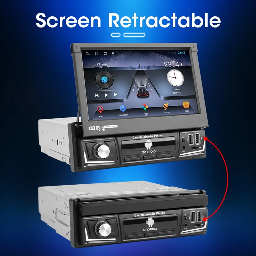 Jmance 7 inch Screen Retractable 1 Din Universal Car Radio 1024*600 Multimedia Playback DSP 48 EQ Player Video Music DVD Player