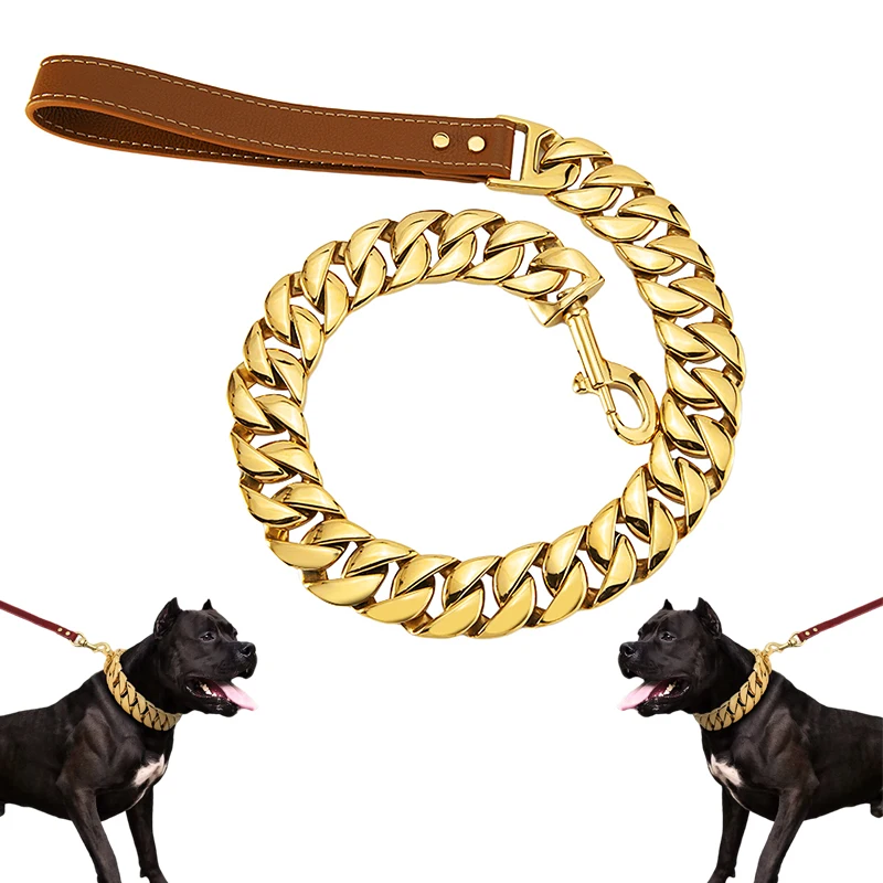 High Quality Stainless Steel 30MM Heavy Strong Cuban Chain Dog Leash Tie Out Chain With Leather Handle