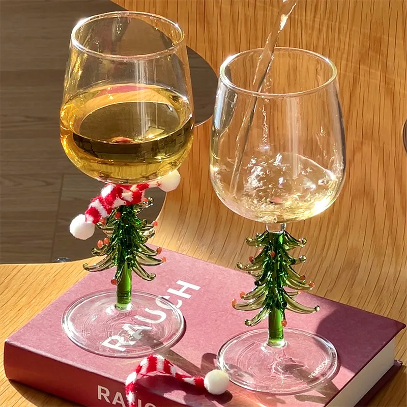 Custom Handblown Heat Resistant Antique Colorful Borosilicate Glass Wine Cups Christmas Tree Wine Glasses Red Wine Goblet Glass