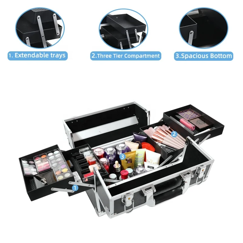 Mekup Cosmetic Bag For Lady Travel Makeup Bag With 4 Trays Lockable Cosmetic Storage Box For Women and Girls