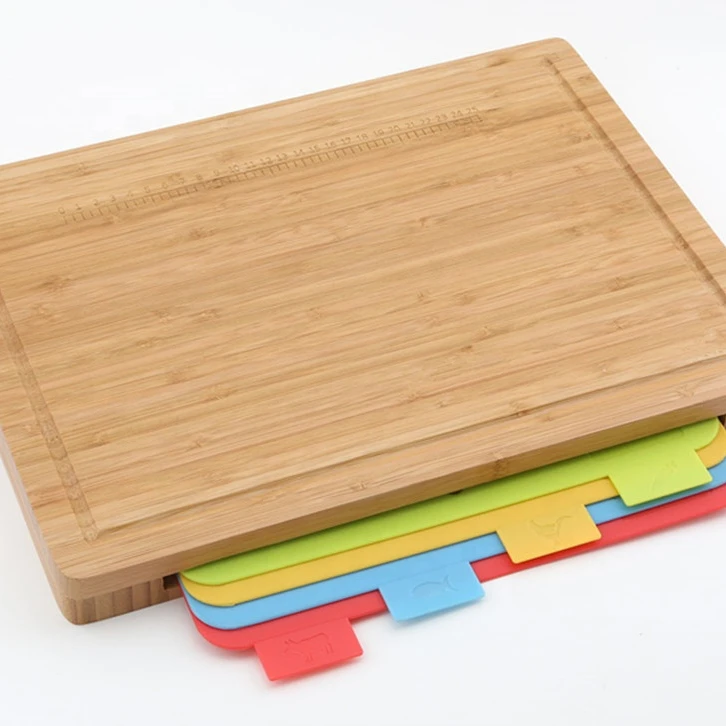Large Kitchen Classify Bamboo Cutting Board choping board With 4 Mat Dividing Rule And Silicone Foot