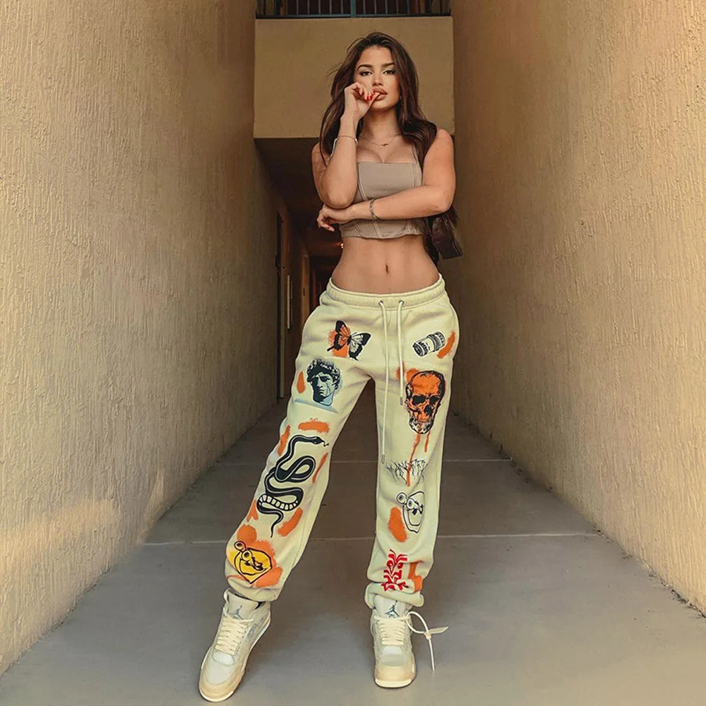 2021 New Arrival Cartoon Printed Graphic Sports Joggers Casual Fashion Women Pants Sweat Pants With Graffiti Streetwear