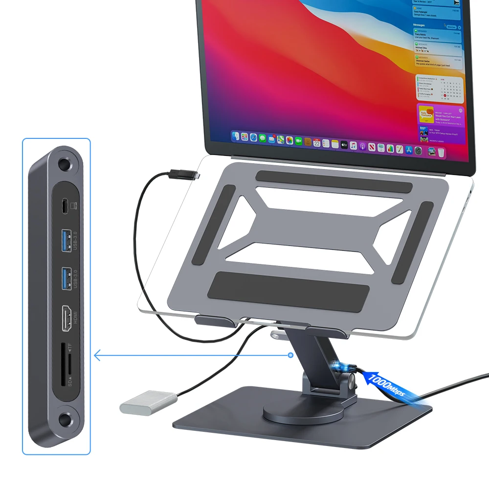 360 Degree Rotatable Laptop Stand 7-in-1 Multi SD & TF Card Reader HDMI PD3.0 100W RJ45 Foldable & Portable Aluminum Stand