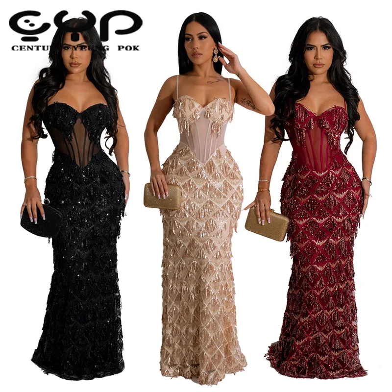 Luxury Evening Dresses Women Solid Color Sexy Sleeveless Spaghetti Strap Sequin Long Dress Women Party Dress