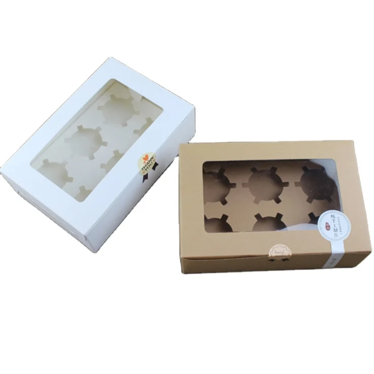 Windowed Cupcake Boxes White Brown kraft Paper Box Gift Packaging For Wedding Festival Party 6 Cup Cake Holders Customized