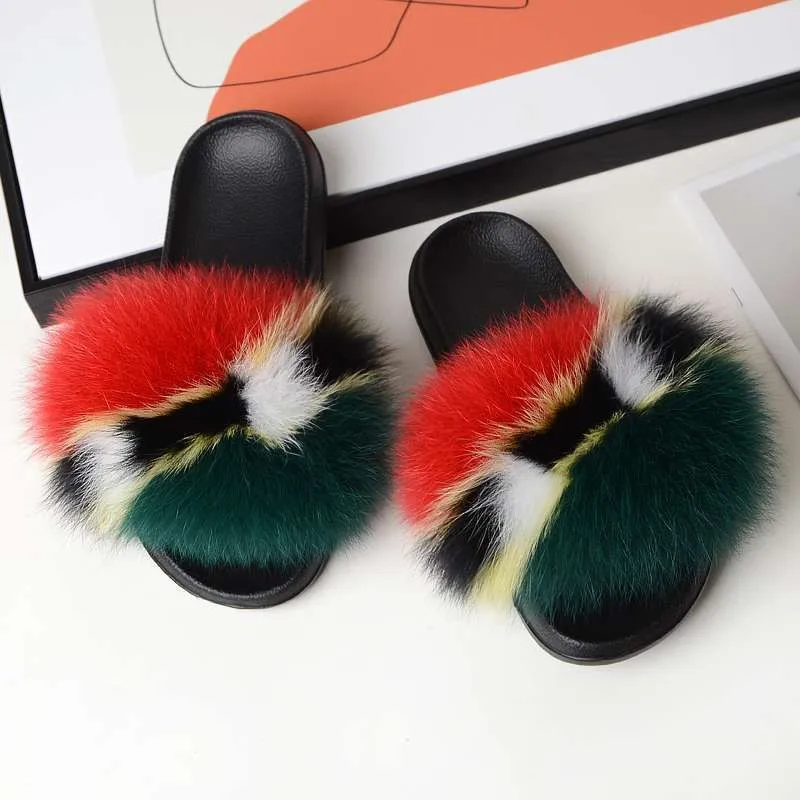 Manufacturer Fur Slides Embossed Custom logo Slippers Women Real Fluffy Fur Slippers