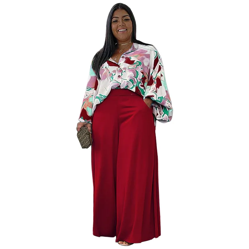 Hot selling women plus size New printed casual set loose lapel shirt high waist wide leg pants two pieces set