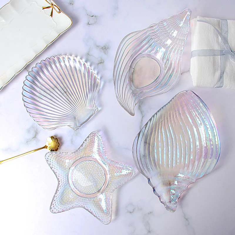 Handmade Ocean Series Dishes Luxury Snack Salad Bowl Fruit Dish Glass Shell Starfish Conch Shape Plate With Gold Rim